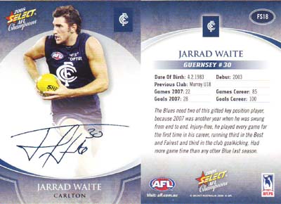 2008 Select Champions Blue Foil Sig FS18 Jarrad WAITE (Carl)