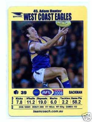 AFL 2008 Teamcoach Gold #45 Adam HUNTER (WCE)