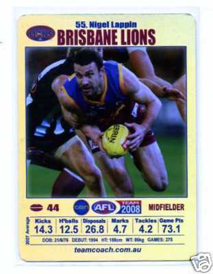 AFL 2008 Teamcoach Gold #55 Nigel LAPPIN (Bris)