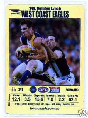 AFL 2008 Teamcoach Gold #148 Quinten LYNCH (WCE)