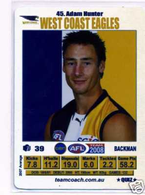 AFL 2008 Teamcoach Silver #45 Adam HUNTER (WCE)