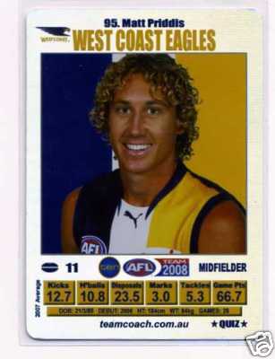 AFL 2008 Teamcoach Silver #95 Matt PRIDDIS (WCE)